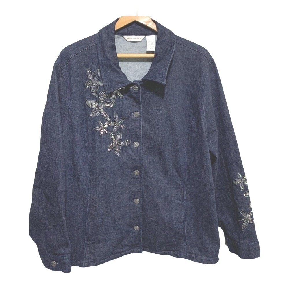 Drapers & Damons Denim Jacket 3X Floral Sequin‎ Embroidered Boho Classic Casual